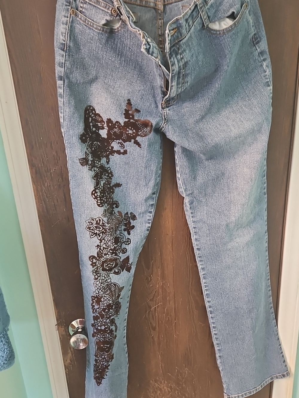 Light Blue Straight Leg Jeans with Black Floral Lace Accent